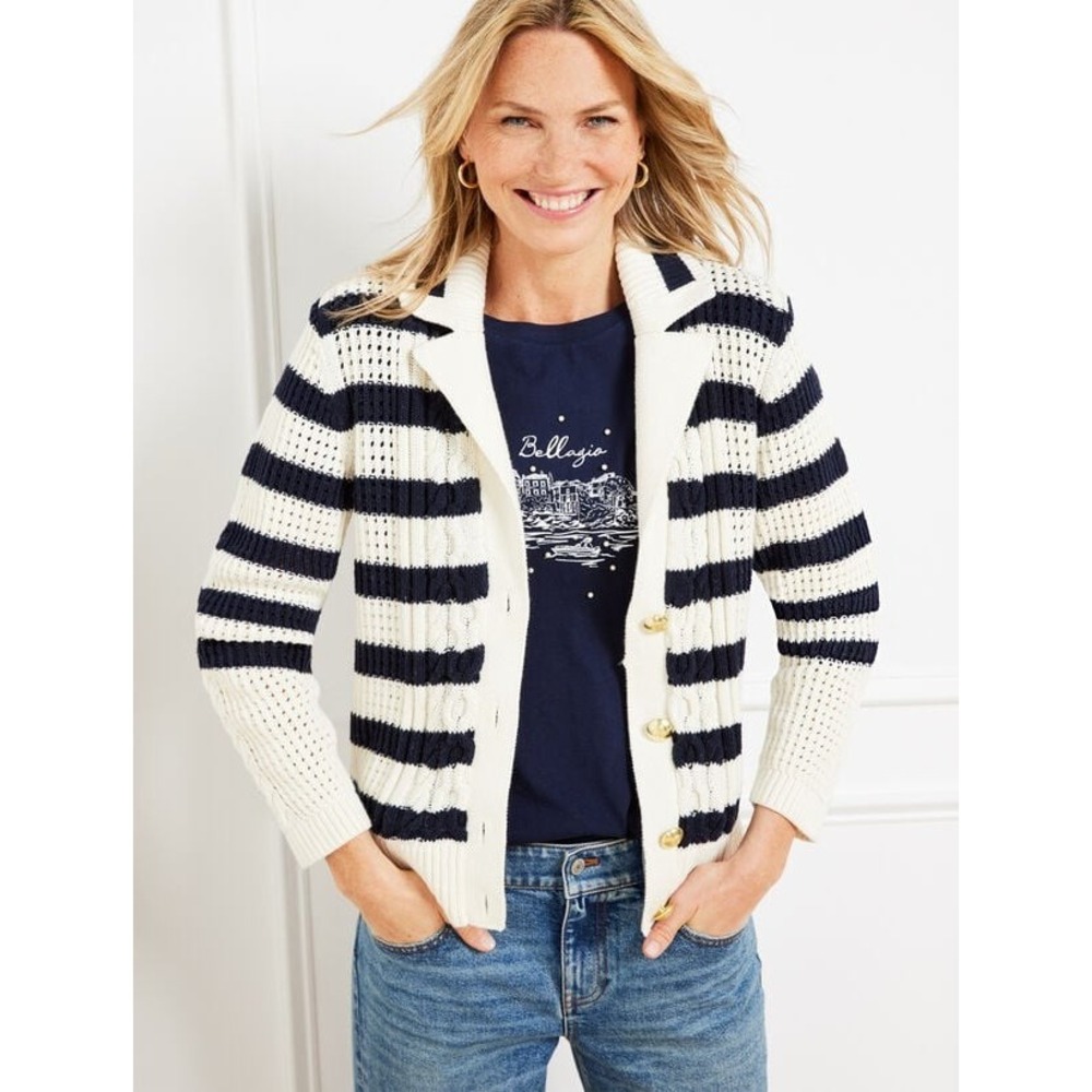 Talbots Blue Striped‎ Cable Knit Collared Cardigan Sweater Blazer Sz M Nautical